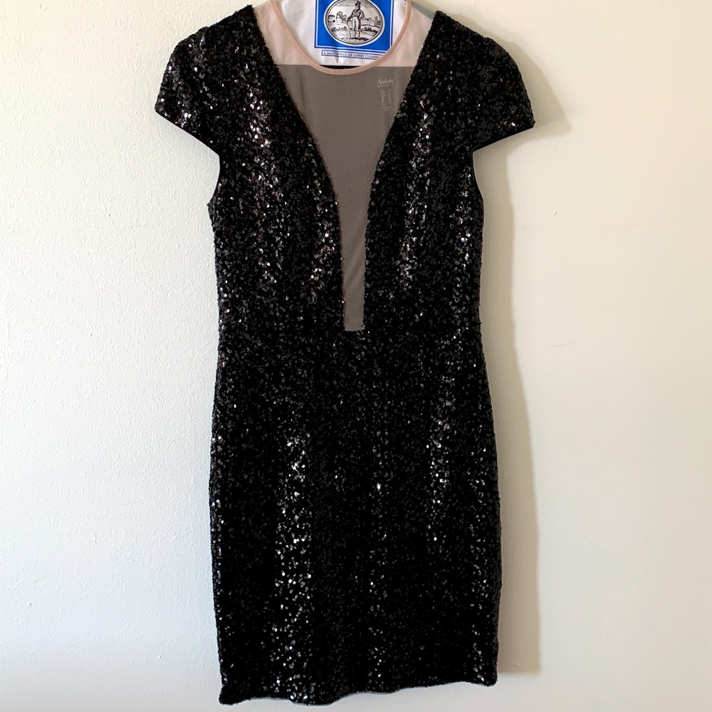 Aidan by Aidan Mattox black sequin dress with sheer cutouts